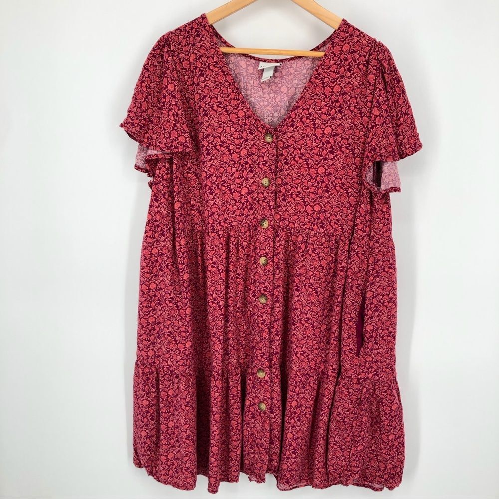 Ava & Viv Tunic Womens 2X Pink Ditsy Floral Tiered Buttons Flutter Sleeve V Neck